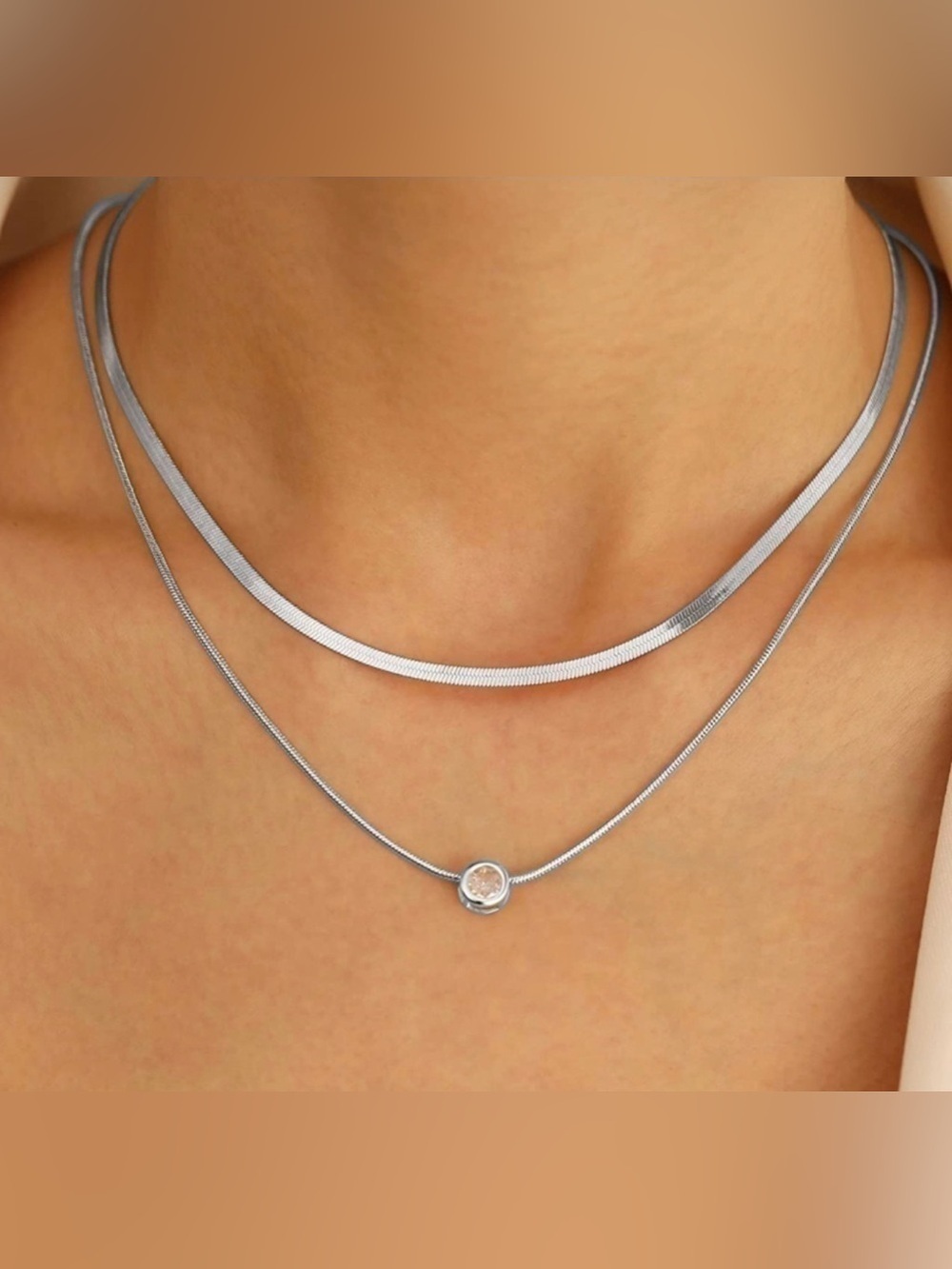 14k White Gold Plated 2pc Herringbone CZ Necklace Set